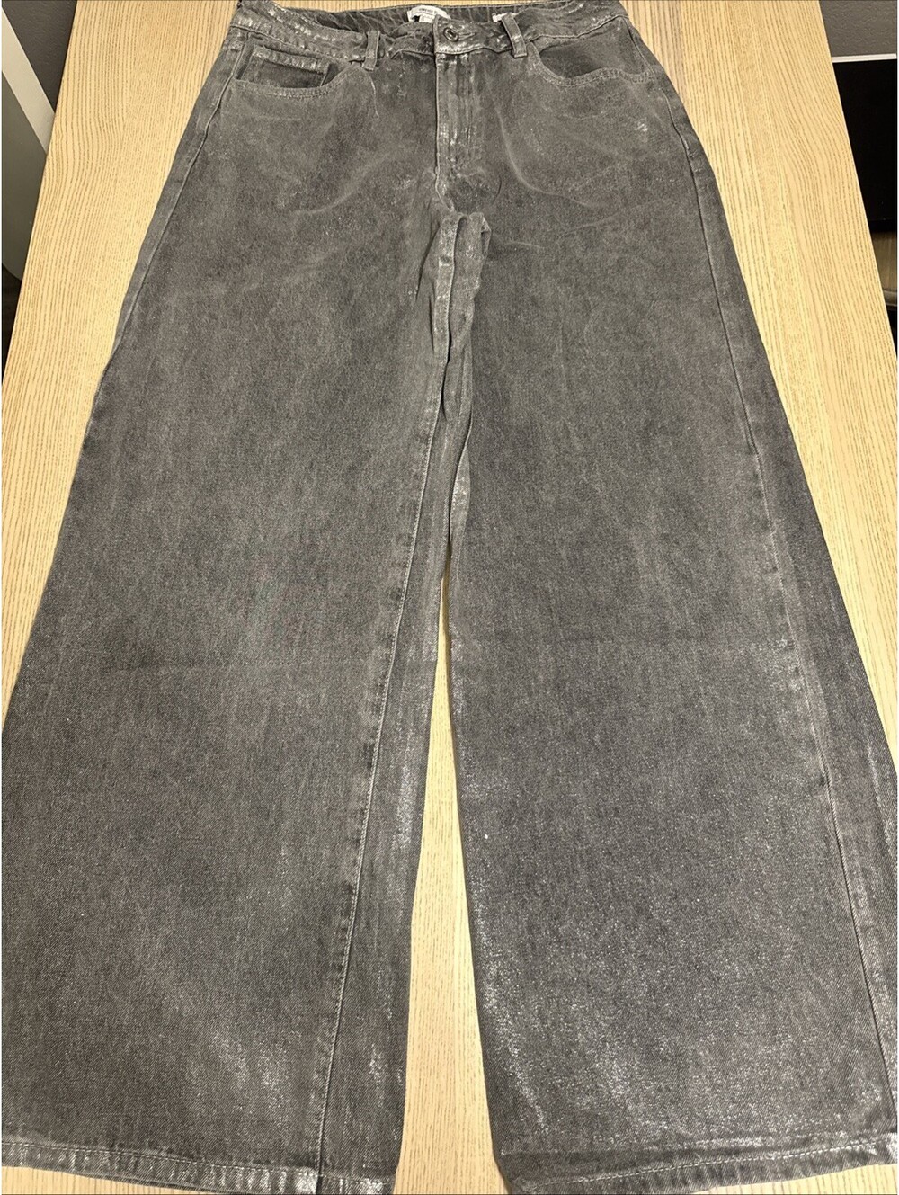 Forever 21 Grey Metallic Sparkle Wide Leg Denim Pants Sz 29 Festival Y2K